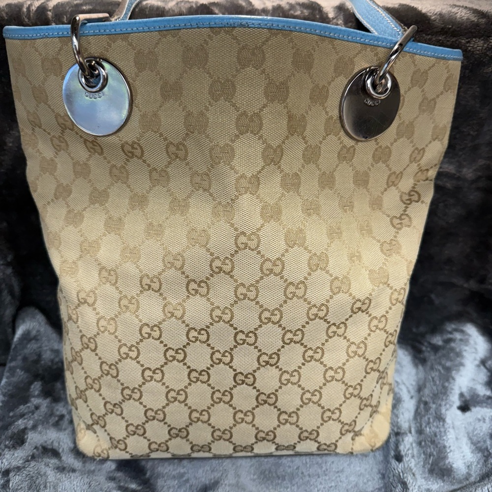 Gucci Monogram Beige Tote with Blue Trim